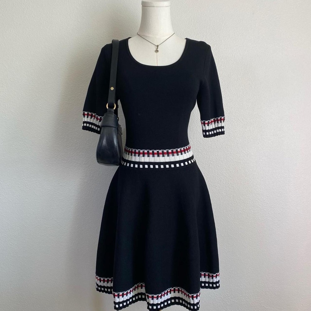 Bebe A Line Black Mini Dress Red and White Trim Heavyweight Knit Scoop Neck